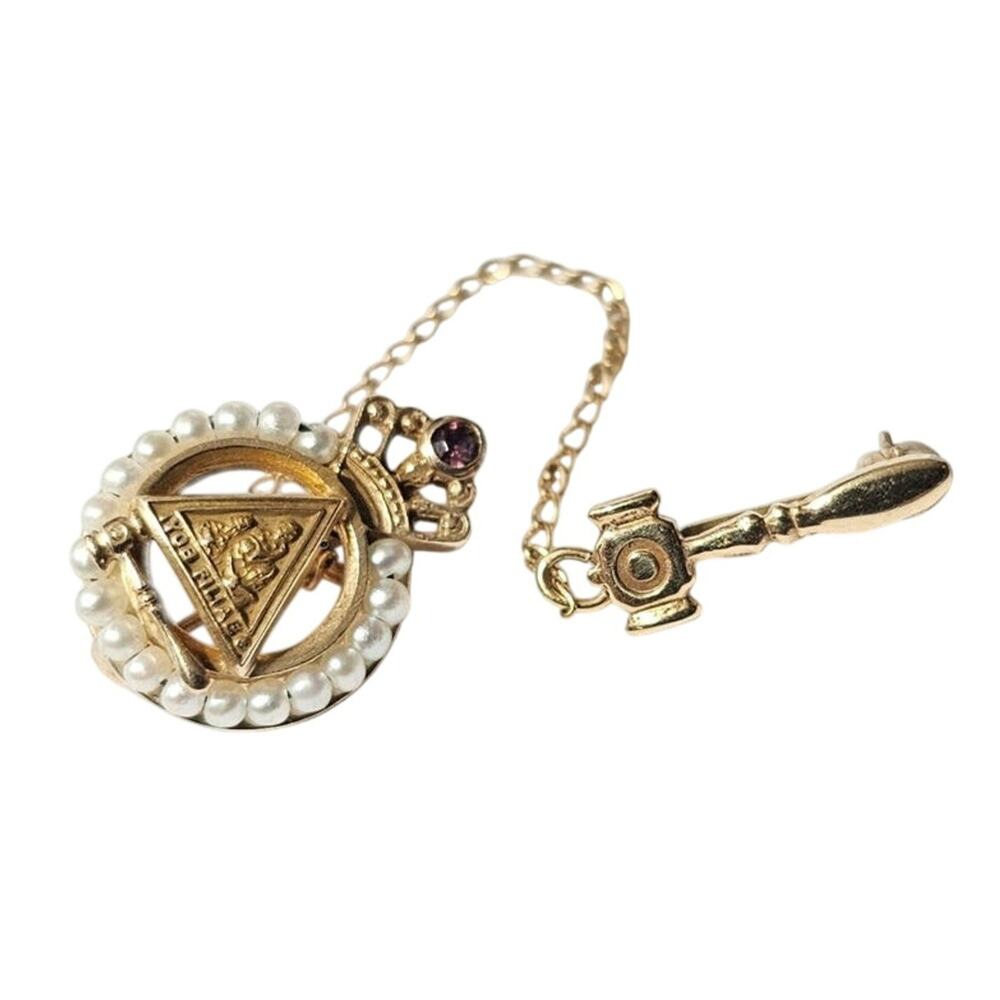Antique Job's Daughters 10k Gold Seed Pearl Amethyst Gavel Double Brooch
